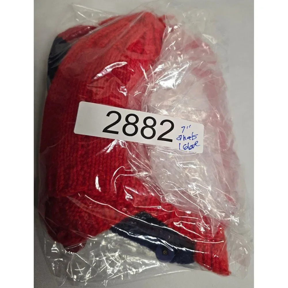 Red & Navy Baby Knit Hats With Pom-Poms & Mittens Set vintage Handmade